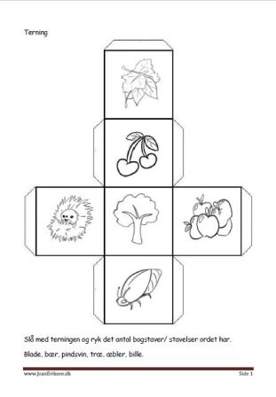 Terninger med billeder til brug i undervisningen. Bogstavs eller stavelseskamp.