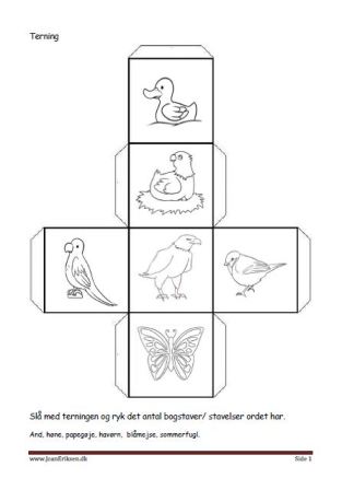 Terninger med billeder til brug i undervisningen. Bogstavs eller stavelseskamp.