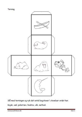 Terninger med billeder til brug i undervisningen. Bogstavs eller stavelseskamp.