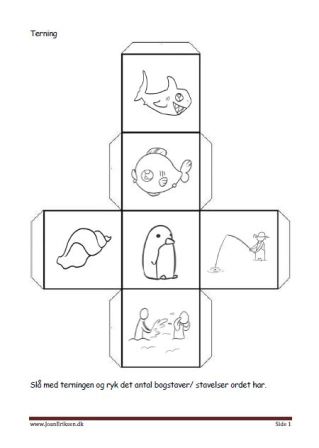 Terninger med billeder til brug i undervisningen. Bogstavs eller stavelseskamp.