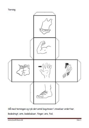 Terninger med billeder til brug i undervisningen. Bogstavs eller stavelseskamp.