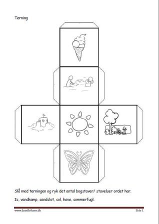 Terninger med billeder til brug i undervisningen. Bogstavs eller stavelseskamp.