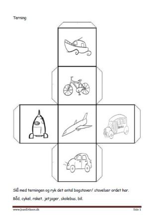 Terninger med billeder til brug i undervisningen. Bogstavs eller stavelseskamp.
