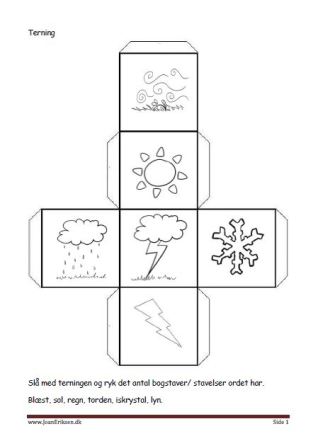 Terninger med billeder til brug i undervisningen. Bogstavs eller stavelseskamp.