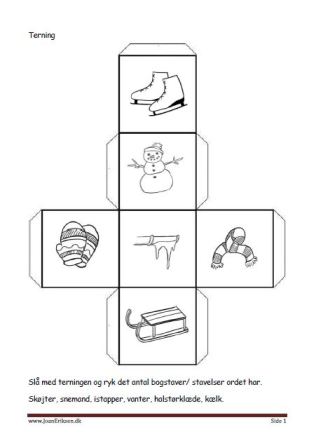 Terninger med billeder til brug i undervisningen. Bogstavs eller stavelseskamp.