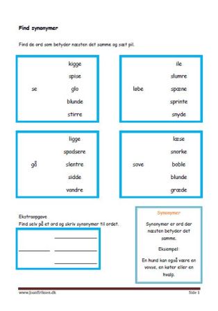 Undervisning i synonymer. find synonymer. Udsagnsord