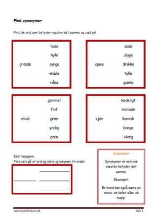 Undervisning i synonymer. find synonymer.