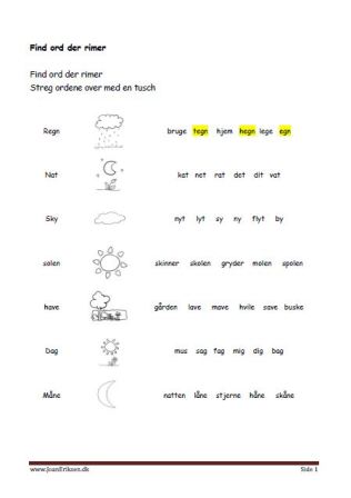 Undervisning i lyrik og rimord. Elevopgave find ord der rimer. Årets gang.