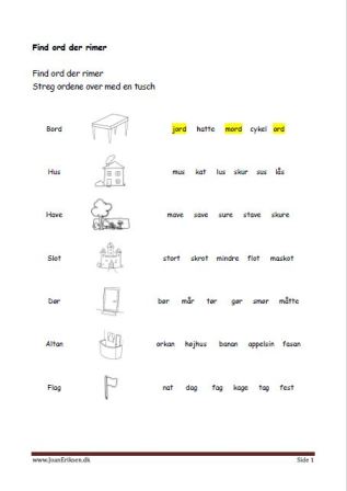 Undervisning i lyrik og rimord. Elevopgave find ord der rimer. Bolig.