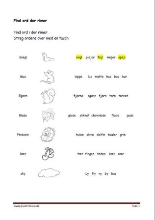 Undervisning i lyrik og rimord. Elevopgave find ord der rimer. Efterår