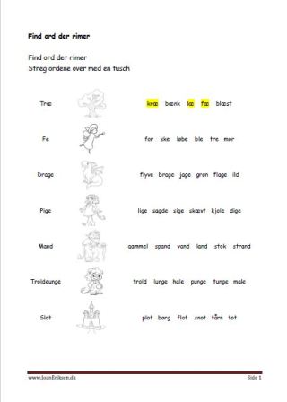 Undervisning i lyrik og rimord. Elevopgave find ord der rimer. Eventyr