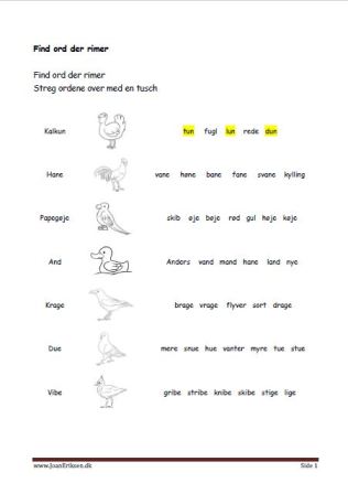 Undervisning i lyrik og rimord. Elevopgave find ord der rimer. Fugle