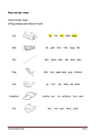 Undervisning i lyrik og rimord. Elevopgave find ord der rimer. Havet