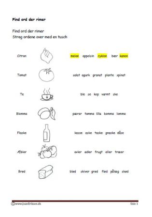 Undervisning i lyrik og rimord. Elevopgave find ord der rimer.