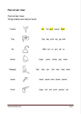 Undervisning i lyrik og rimord. Elevopgave find ord der rimer. Pirater og særæver
