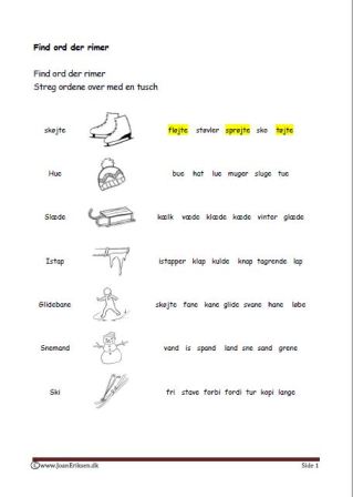 Undervisning i lyrik og rimord. Elevopgave find ord der rimer. Vinter