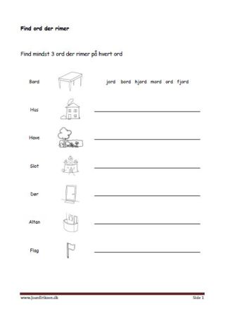Undervisning i lyrik og rimord. Elevopgave find ord der rimer. Bolig