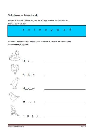 undervisningsopgave med vokaler til indskolingen