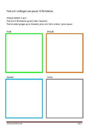 Elevopgave til undervisning. Find ord i ordbogen som passer til årstiderne.