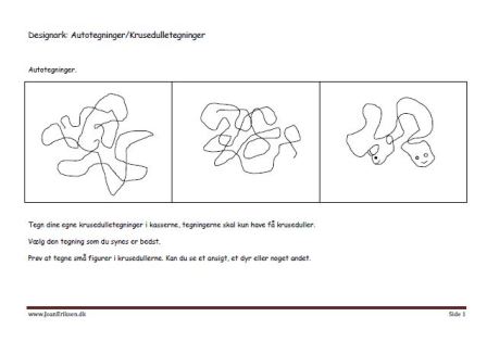 Designark. Asger Jorn i undervisning, Autotegning. Autobroderi. Pose med broderi. Håndværk og design.