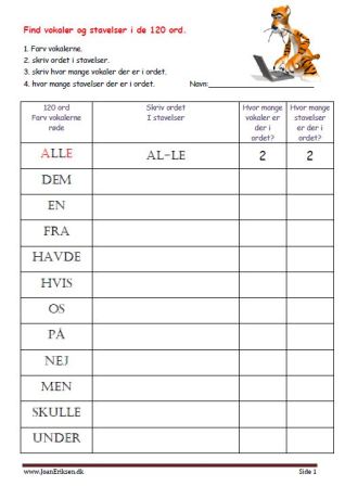 Find vokaler og stavelser i de 120 ord. Elevopgave.