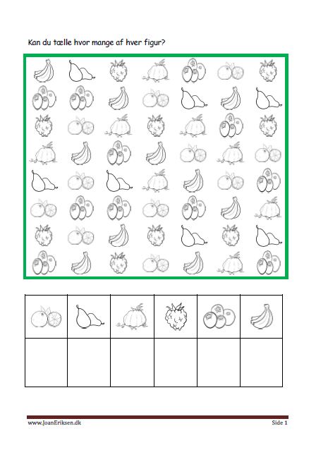 Elevopgaver til matematik Eleverne tælle hvor mange af hver og skriver det. Tema Frugt og grønt