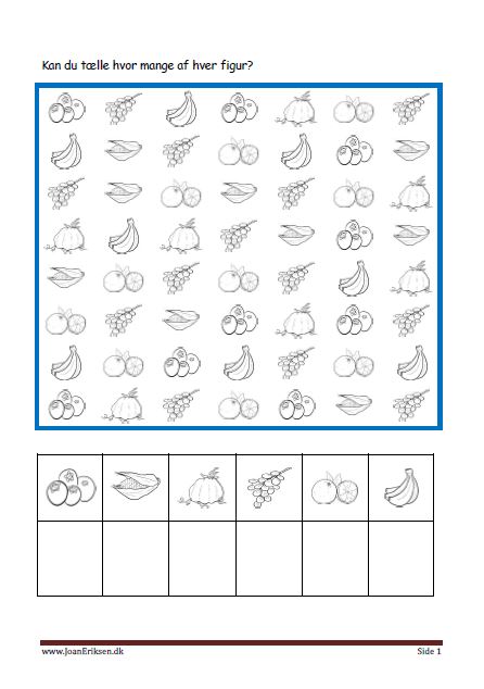 Elevopgaver til matematik Eleverne tælle hvor mange af hver og skriver det. Tema Frugt og grønt