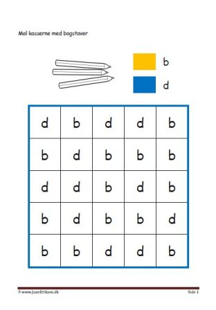 Eleverne maler de to bogstaver og lærer at se forskel.