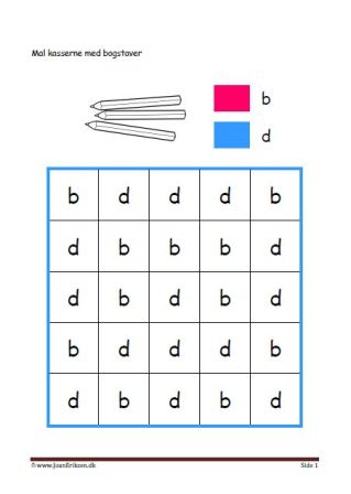 Eleverne maler de to bogstaver og lærer at se forskel.