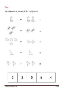 Undervisning i matematik. Plus stykker- klip tallene ud og lim dem ind ved det rigtige plusstykke.