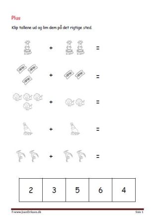 Undervisning i matematik. Plus stykker- klip tallene ud og lim dem ind ved det rigtige plusstykke.