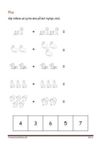 Undervisning i matematik. Plus stykker- klip tallene ud og lim dem ind ved det rigtige plusstykke.