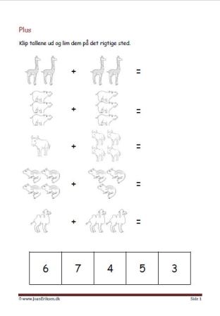 Undervisning i matematik. Plus stykker- klip tallene ud og lim dem ind ved det rigtige plusstykke.