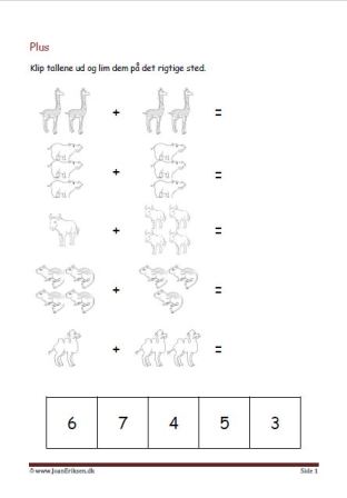 Undervisning i matematik. Plus stykker- klip tallene ud og lim dem ind ved det rigtige plusstykke.