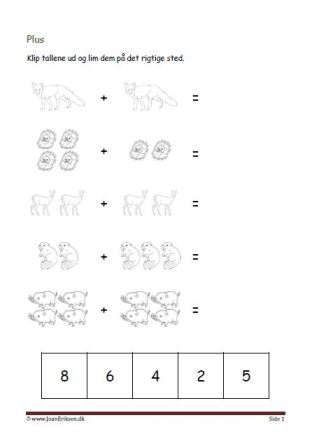 Undervisning i matematik. Plus stykker- klip tallene ud og lim dem ind ved det rigtige plusstykke.