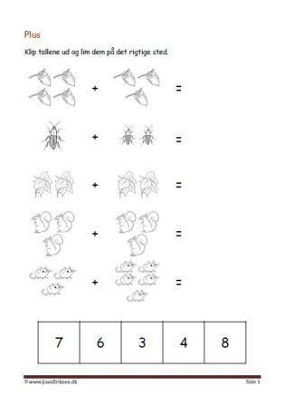 Undervisning i matematik. Plus stykker- klip tallene ud og lim dem ind ved det rigtige plusstykke.