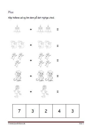 Undervisning i matematik. Plus stykker- klip tallene ud og lim dem ind ved det rigtige plusstykke.