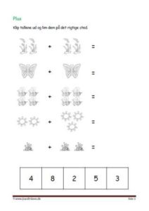 Undervisning i matematik. Plus stykker- klip tallene ud og lim dem ind ved det rigtige plusstykke.