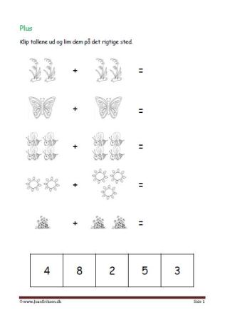 Undervisning i matematik. Plus stykker- klip tallene ud og lim dem ind ved det rigtige plusstykke.