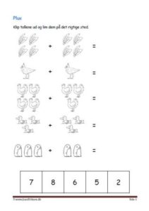 Undervisning i matematik. Plus stykker- klip tallene ud og lim dem ind ved det rigtige plusstykke.