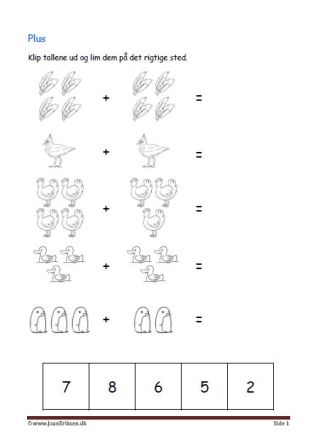 Undervisning i matematik. Plus stykker- klip tallene ud og lim dem ind ved det rigtige plusstykke.