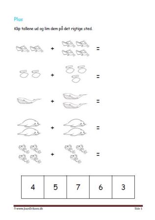 Undervisning i matematik. Plus stykker- klip tallene ud og lim dem ind ved det rigtige plusstykke.