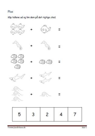 Undervisning i matematik. Plus stykker- klip tallene ud og lim dem ind ved det rigtige plusstykke.