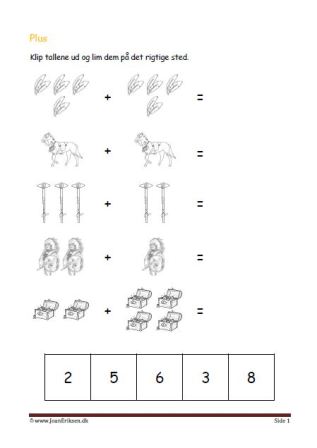 Undervisning i matematik. Plus stykker- klip tallene ud og lim dem ind ved det rigtige plusstykke.