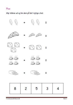 Undervisning i matematik. Plus stykker- klip tallene ud og lim dem ind ved det rigtige plusstykke.