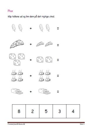 Undervisning i matematik. Plus stykker- klip tallene ud og lim dem ind ved det rigtige plusstykke.