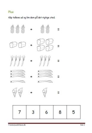 Undervisning i matematik. Plus stykker- klip tallene ud og lim dem ind ved det rigtige plusstykke.