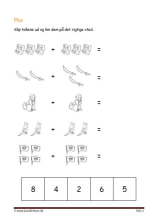 Undervisning i matematik. Plus stykker- klip tallene ud og lim dem ind ved det rigtige plusstykke.