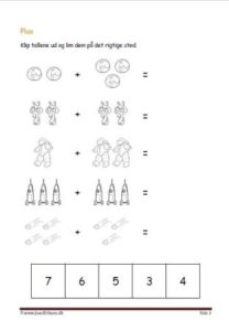 Undervisning i matematik. Plus stykker- klip tallene ud og lim dem ind ved det rigtige plusstykke.