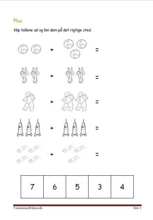 Undervisning i matematik. Plus stykker- klip tallene ud og lim dem ind ved det rigtige plusstykke.